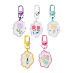 Mixed Color Flower Acrylic Pendant Decoraiton, with Spray Painted Alloy Swivel Snap Hooks Clasps, Mixed Color, 76mm