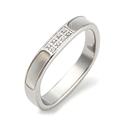 Stainless Steel Color 304 Stainless Steel Rectangle Finger Ring, with White Shell and Cubic Zirconia, Stainless Steel Color, Inner Diameter: 17mm