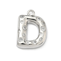 Letter D Латунные микропаве прозрачные подвески с фианитом, без кадмия и без свинца, долговечный, стойки покрытие, платина, Буква D, 21.5x16x4 мм, отверстие : 1.8 мм