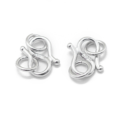 Platinum Rhodium Plated 925 Sterling Silver S-Hook Clasps, with 925 Stamp, Platinum, 9.5x7x1mm, Hole: 3mm