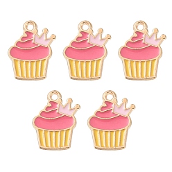 Hot Pink Alloy Enamel Pendants, Light Gold, Cadmium Free & Lead Free, Cake with Crown Charm, Hot Pink, 17x13x2mm, Hole: 1.4mm