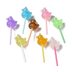 Mixed Color Luminous Translucent Resin Big Pendants, with Platinum Tone Iron Loops, Plastic, Glow in the Dark Duck Lollipop Charm, Mixed Color, 65.5x17x23mm, Hole: 1.8mm