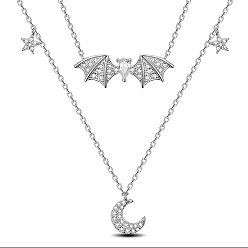 Platinum SHEGRACE Rhodium Plated 925 Sterling Silver Double Layer Necklaces, Pendant Necklaces, with Clear Grade AAA Cubic Zirconia, Bat with Moon, Platinum, 14.17inch(36cm)