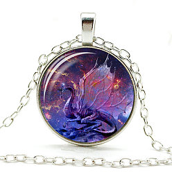 Colorful Dragon Theme Glass Round Pendant Necklace with Alloy Chains, Colorful, 20.47 inch(52cm)