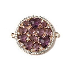 Фиолетовый Латунные микро-паве прозрачные кубические цирконии и стеклянные плоские круглые подвески-соединители, реальный 18 k позолоченный, стойки покрытие, долговечный, без кадмия и без свинца, фиолетовые, 34x28x4 мм, отверстие : 2 мм