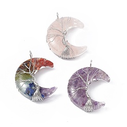 Mixed Stone Natural & Synthetic Mixed Gemstone Chip Copper Wire Wrapped Big Pendants, Moon Charms, with Resin, Platinum, 51.5x36x15mm, Hole: 5mm