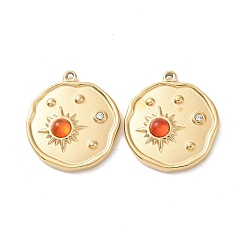 Carnelian Natural Carnelian Pendants, with Ion Plating(IP) Real 18K Gold Plated 304 Stainless Steel Micro Pave Cubic Zirconia Findings, Flat Round Charm, 17x15x3.5mm, Hole: 1mm