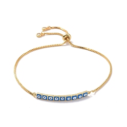 Deep Sky Blue Enamel Rectangle with Evil Eye Link Slider Bracelet with Cubic Zirconia, Real 18K Gold Plated Brass Lucky Jewelry for Women, Deep Sky Blue, Inner Diameter: 1/2~3 inch(1.2~7.6cm)