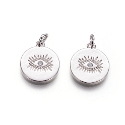 Прозрачный Латунные подвески, с фианитом и кольцами для прыжков, плоские круглые с сглаза, прозрачные, платина, 15x13x1.5 мм, отверстие : 3 мм