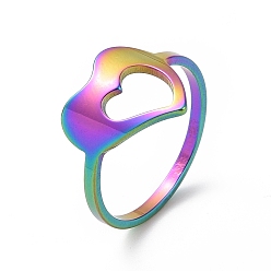 Rainbow Color Ion Plating(IP) 201 Stainless Steel Heart Finger Ring, Hollow Wide Ring for Women, Rainbow Color, US Size 6 1/2(16.9mm)