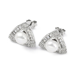 Platinum Rhodium Plated 925 Sterling Silver Micro Pave Cubic Zirconia Triangle Stud Earrings for Women, Natural Pearls Beaded Earrings, Platinum, 14x14.5mm