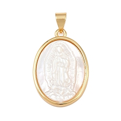 Virgin Овальные подвески из натуральной белой ракушки, с латунной, реальный 18 k позолоченный, долговечный, без кадмия и без свинца, стойки покрытие, девственница, 25x17x3.5~4.5 мм, отверстие : 4.5x3.5 мм