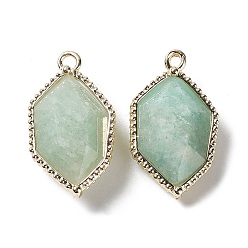 Amazonite Natural Amazonite Pendants, Faceted Hexagon Charms with Rack Plating Golden Plated Brass Edge Loops, 22.5x13x6.5~7mm, Hole: 1.5~1.6mm