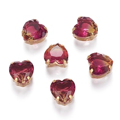Medium Violet Red Sew on Rhinestone, Glass Rhinestone, with Golden Tone Brass Prong Settings, Garments Accessories, Faceted, Heart, Medium Violet Red, 12x11.5x7mm, Hole: 1mm