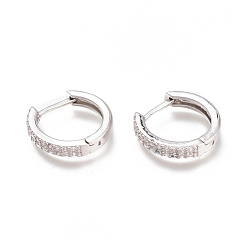 Platinum Brass Micro Pave Clear Cubic Zirconia Huggie Hoop Earrings, Long-Lasting Plated, Ring, Platinum, 13.5x14x2.5mm, Pin: 1x0.7mm