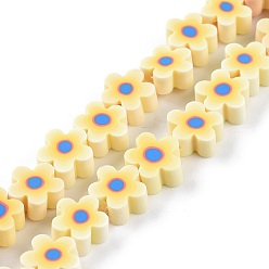 Jaune Brins de perles en pâte polymère imprimées à la main, fleur, jaune, 9.6x4mm, trou: 1.4mm, environ 38 pcs/chapelet, 12.99'' (33 cm)