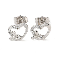 Platinum Brass Rhinestone Stud Earrings, Heart with Butterfly, Platinum, 9x12mm