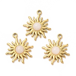 White Jade Ion Plating(IP) 316 Stainless Steel Sun Pendants, Natural White Jade Sun Charms, Real 24K Gold Plated, 23x20x5mm, Hole: 1.8mm