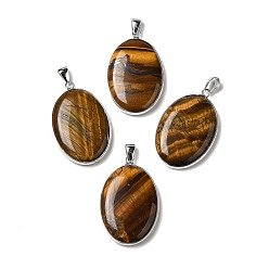 Tiger Eye Natural Tiger Eye Pendants, Oval Charms with Platinum Plated Metal Findings, 39.5x26x6mm, Hole: 7.6x4mm
