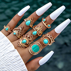 Golden 8Pcs 8 Style Synthetic Turquoise Finger Rings Sets, Crown & Flower Alloy Stackable Rings, Golden, Inner Diameter: 16~18mm, 1Pc/style