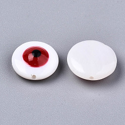 Red Natural Freshwater Shell Beads, with Enamel, Flat Round with Evil Eye, Red, 10.5x4~5mm, Hole: 0.8mm