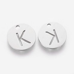 Letter K 201 Stainless Steel Charms, Flat Round with Letter, Stainless Steel Color, Letter.K, 12x1mm, Hole: 1.5mm