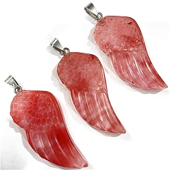 Cherry Quartz Glass Cherry Quartz Glass Big Pendants, Wing Charms with Platinum Plated Matel Snap on Bails, 50x25mm