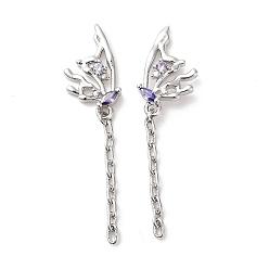 Platinum Purple Cubic Zirconia Butterfly Dangle Stud Earring, Brass Tassel Drop Earrings for Women, Cadmium Free & Nickel Free & Lead Free, Platinum, 42mm, Pin: 0.7mm