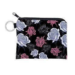 Flower Cartoon Style Polyester Clutch Bags, Change Purse with Zipper & Key Ring, for Women, Rectangle, Flower, 12x9.5cm