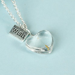 Heart Dandelion Wish Necklace, Resin Pendant Necklace with Alloy Chains, Heart, 19.69 inch(50cm)