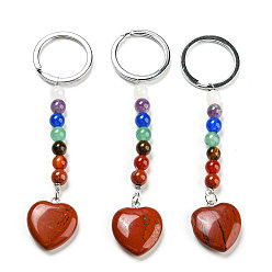 Red Jasper Natural Red Jasper Heart Pendant Keychain, with 7 Chakra Gemstone Beads and Platinum Tone Brass Findings, 10cm