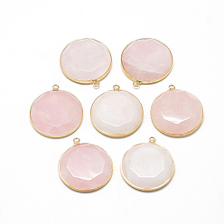 Misty Rose Natural Rose Quartz Pendants, with Brass Findings, Faceted, Flat Round, Golden, Misty Rose, 35.5x31.5x6~7mm, Hole: 2mm