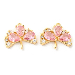 Pink Real 18K Gold Plated Ginkgo Biloba Brass Micro Pave Cubic Zirconia Pendants, Leaf Charms, Pink, 16x18x3.5mm, Hole: 1.4mm, Pin: 0.9mm