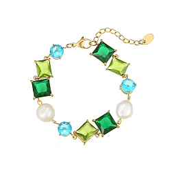 Green Stainless Steel Square & Imitation Pearl Beaded Link Chain Bracelets, Green, 5-7/8 inch(15cm)
