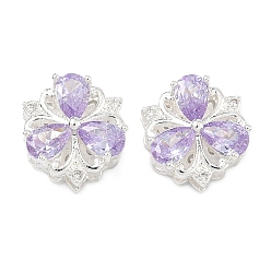 Лиловый Латунные микропаве кубический цирконий многожильные звенья, цветок, 925 серебро покрытием, сирень, 13.5x13x7 мм, отверстие : 1.8 мм