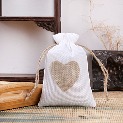 Ghost White Linenette Drawstring Bags, Rectangle with Heart Pattern, Ghost White, 14x10cm