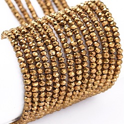 Golden Plated Electroplate Glass Beads Strands, Full Plated, Faceted, Rondelle, Golden Plated, 2x1.5mm, Hole: 0.6mm, about 220~230pcs/Strand, 13.78~14.17 inch(35~36cm)