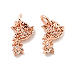 Rose Gold Pigeon with Leaf Brass Micro Pave Clear Cubic Zirconia Charms, with Jump Rings, Cadmium Free & Lead Free, Rose Gold, 13.5x7.5x1.5mm, Hole: 3mm