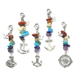 Mixed Stone Anchor Tibetan Style Alloy Pendant Decorations, Chakra Gemstone Chips and Lobster Claw Clasps Charm, 75~80mm, 5pcs/set