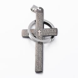 Gunmetal & Stainless Steel Color 304 Stainless Steel Big Pendants, Cross with Rings and Words, Gunmetal & Stainless Steel Color, 53x30x2.2mm, Hole: 9x5mm
