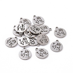 Stainless Steel Color 201 Stainless Steel Charms, Flat Round with Word Love, Stainless Steel Color, 14x12x1mm, Hole: 1.5mm