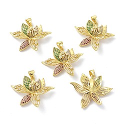 Colorful Brass Cubic Zirconia Pendants, Long-Lasting Plated, Lead Free & Cadmium Free, Real 18K Gold Plated, Flower, Colorful, 24.5x29x6mm, Hole: 3.5x4mm