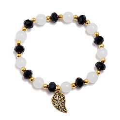 Black Crystal Glass Stretch Bracelet, Jewely for Women, Leaf, Black, Inner Diameter: 2 inch(5cm)
