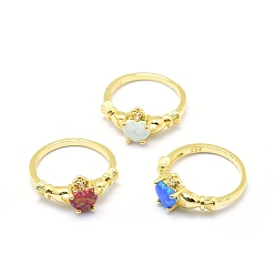 Golden Synthetic Opal Finger Rings, with Cubic Zirconia and Brass Findings, Long-Lasting Plated, Irish Heart, Size 7, Mixed Color, Golden, 17mm