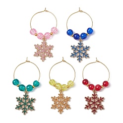 Mixed Color Snowflake Alloy Enamel Pendants Wine Glass Charms Sets, with Brass Hoop Earrings Findings and Glass Beads, Mixed Color, 54.5mm