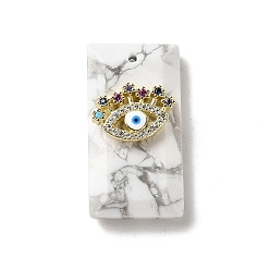 Говлит Граненые подвески из натурального говлита, прямоугольные подвески с латунным микропаве из разноцветных кубических цирконий и эмалевым глазом, золотые, 25.5x13.5x6 мм, отверстие : 1 мм