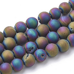 Multi-color Plated Electroplate Natural Druzy Geode Weathered Agate Beads Strands, Frosted, Dyed, Round, Multi-color Plated, 6~6.5mm, Hole: 1.5mm, about 65pcs/strand, 15.5 inch