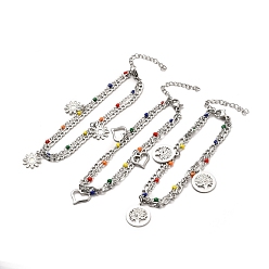 Mixed Patterns Colorful Enamel Beaded & Figaro Chains Double Layer Multi-strand Bracelet, 304 Stainless Steel Charms Bracelet for Women, Stainless Steel Color, Mixed Patterns, Pendant: 10.5~15.5x13~11x0.7~1mm, 7-1/8 inch(18cm)