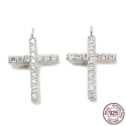 Real Platinum Plated 925 Sterling Silver Micro Pave Cubic Zirconia Charms, Cross, Real Platinum Plated, 14x9x1.5mm, Hole: 1mm