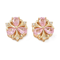 Pink Латунные микропаве кубический цирконий многожильные звенья, цветок, реальный 18 k позолоченный, розовые, 13.5x13x7 мм, отверстие : 1.8 мм